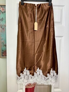 Silky Brown Lace-Trim Slip Skirt NWT